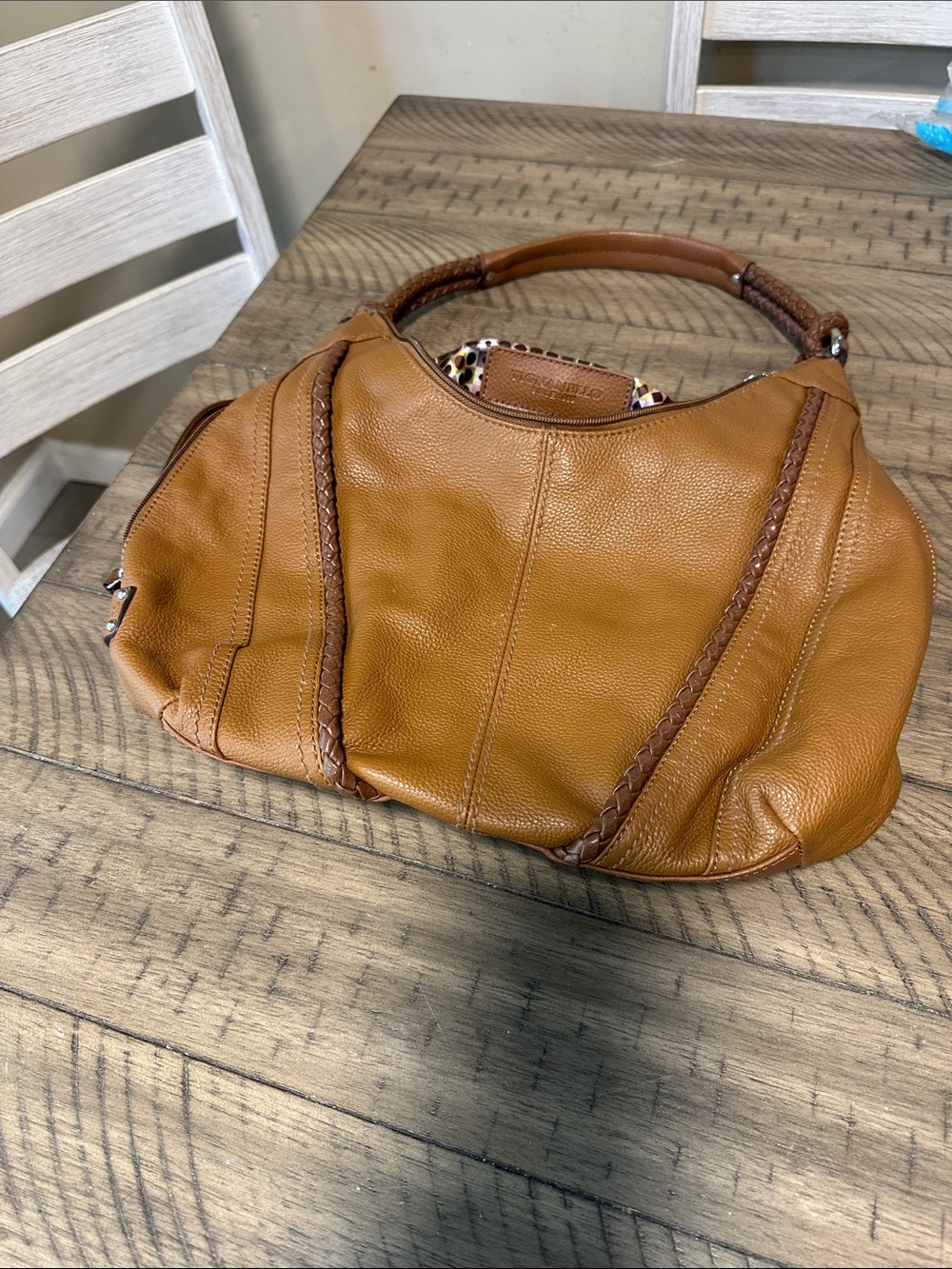Tignanello Tan Braided-Trim Leather Shoulder Bag